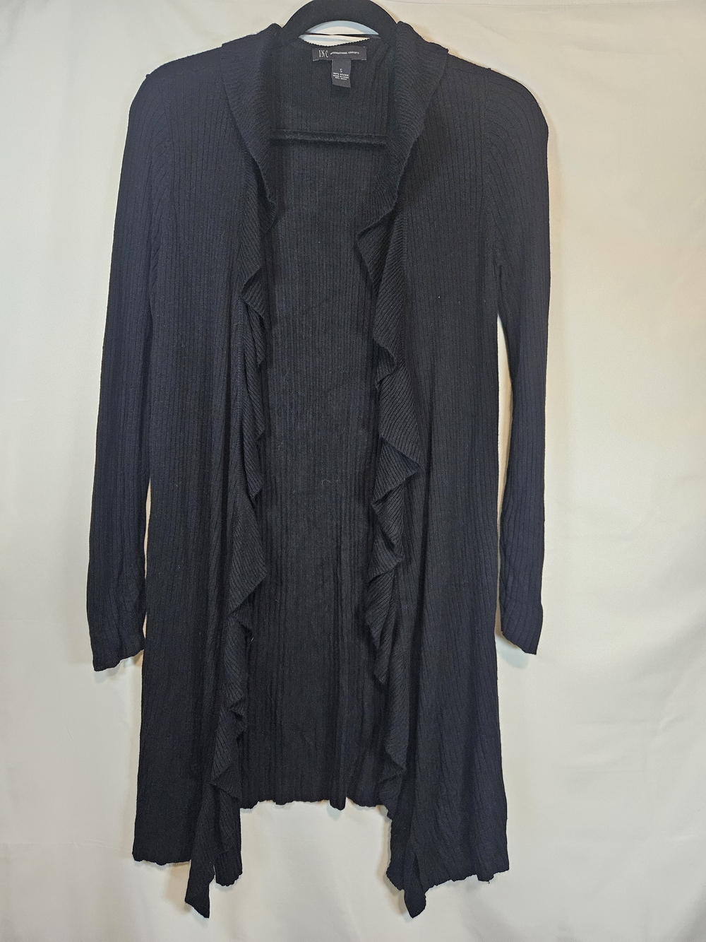 INC International Concepts Black Ruffle-Front Ribbed Open Cardigan